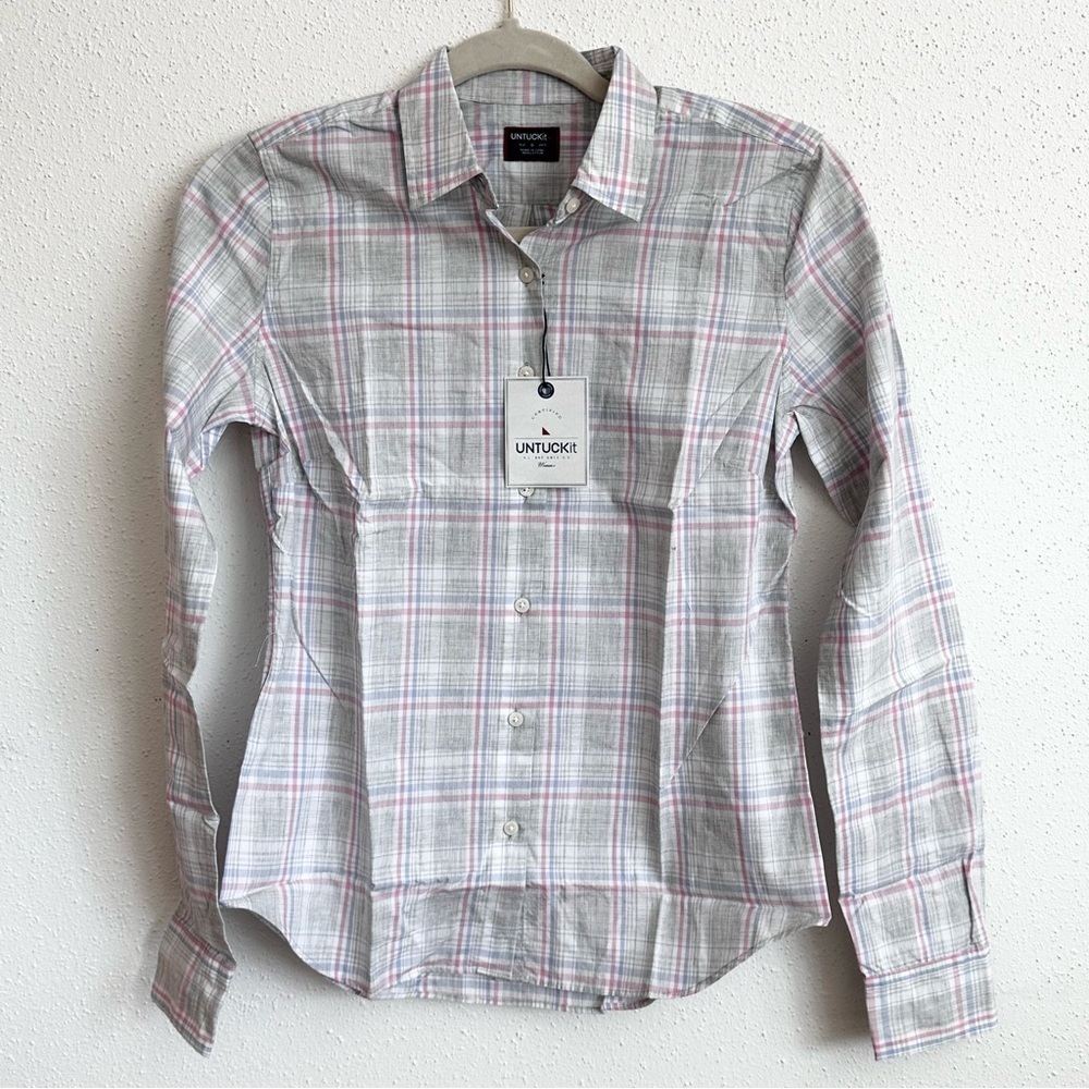 UNTUCKit Chasseles Women’s Plaid Long Sleeve Button Down Shirt Sz 0 Gray White - Picture 2 of 5